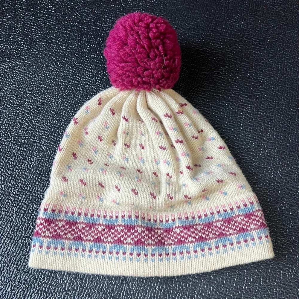 VTG Stowe Woolens Fair Isle Pom Pom Beanie Cream Pink Blue Wool Ski Hat Coquette